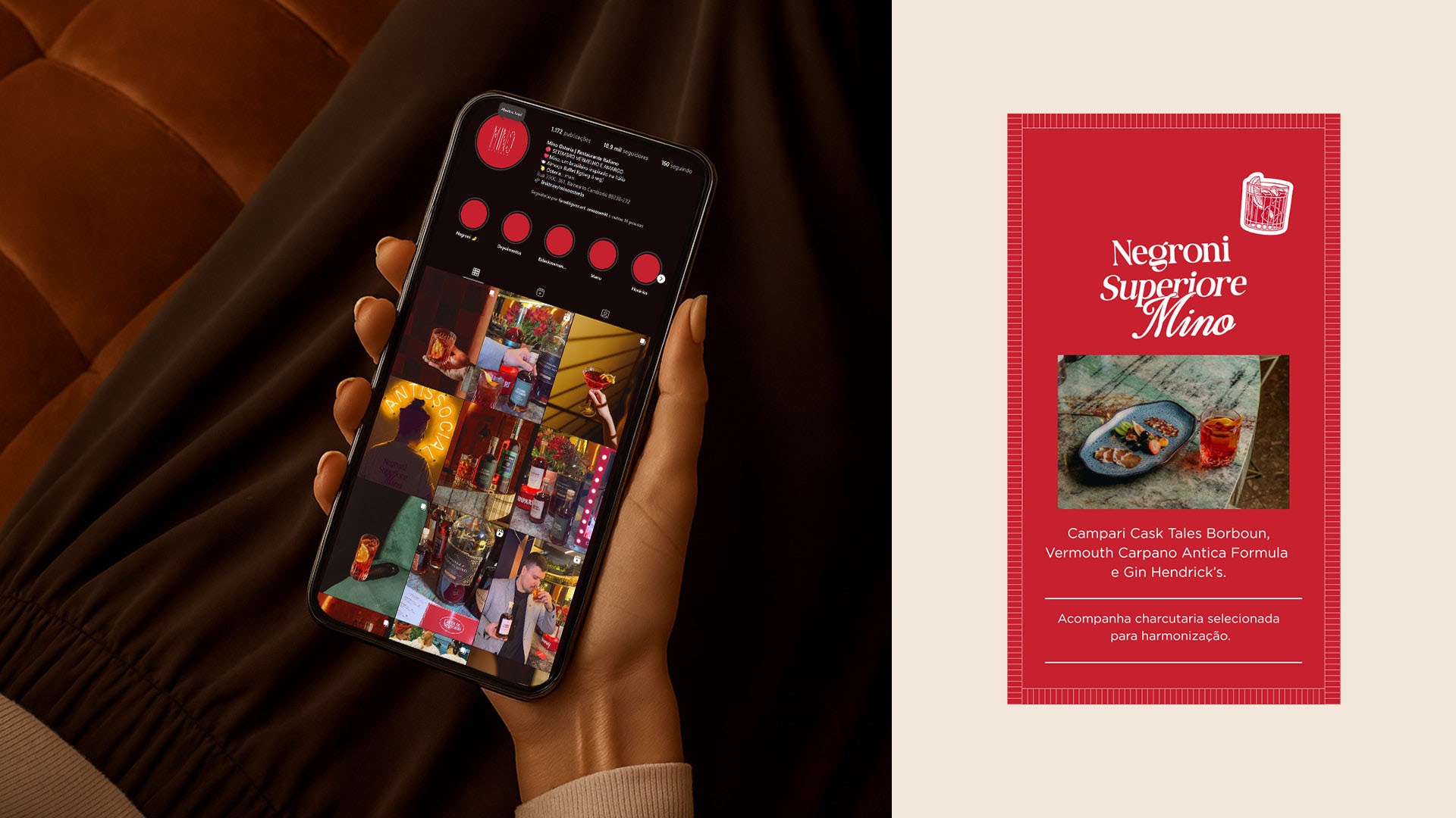 Perfil do Instagram da Mino Osteria no celular ao lado do cartaz Negroni Superiore Mino com a harmonização