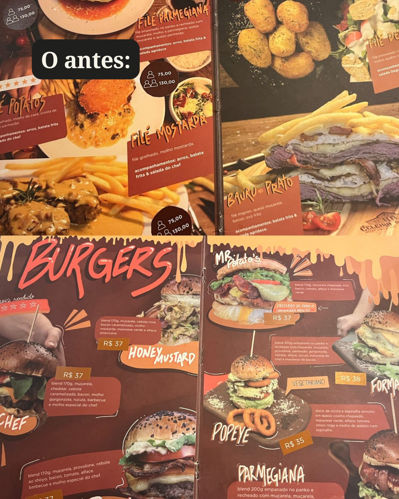 Cardápio antigo da Potato’s Burger: páginas cheias, hambúrgueres com o mesmo peso visual