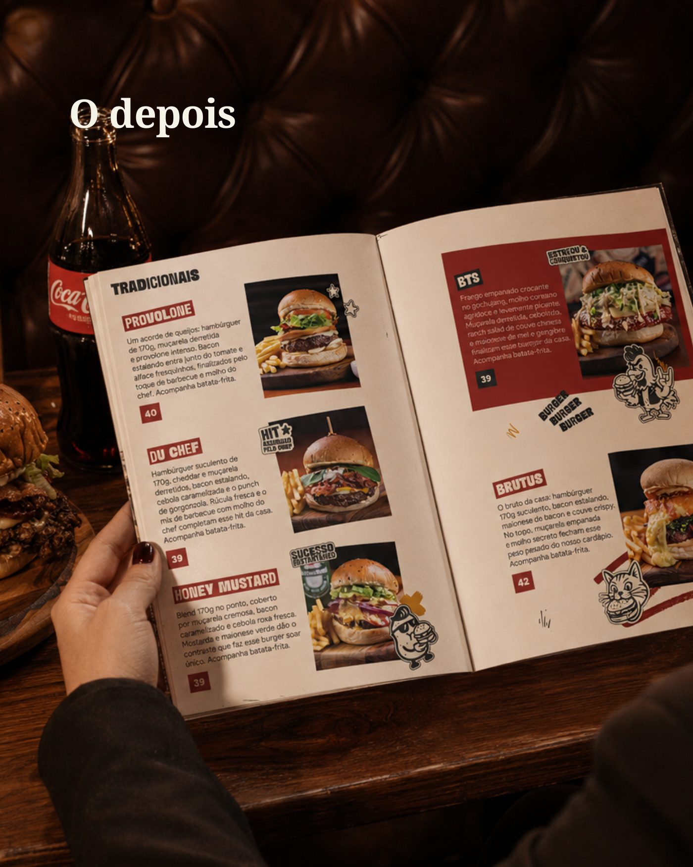 Cardápio novo da Potato’s Burger aberto na mesa, com seção Tradicionais e selos de destaque